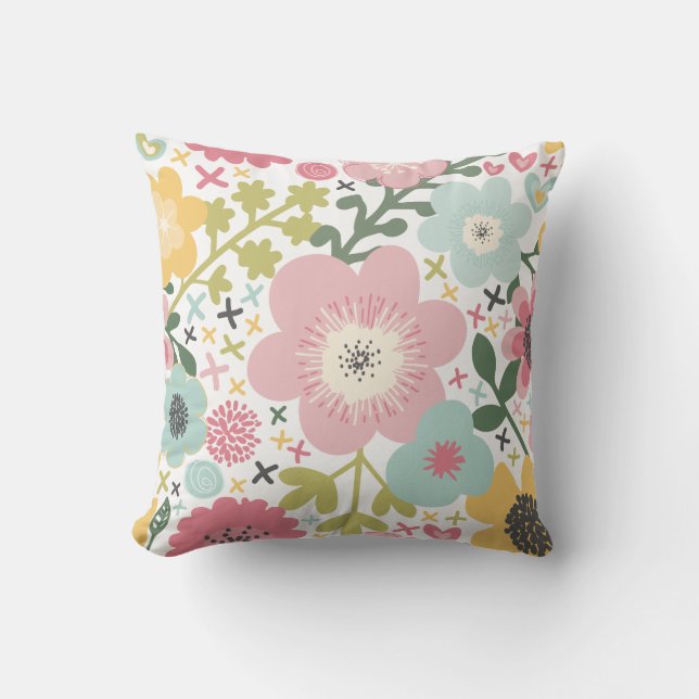 Pink Blue Yellow Modern Floral Throw Pillow (Front)