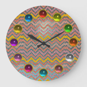 PINK BLUE YELLOW MOSAIC CHEVRON,COLORFUL GEMSTONES LARGE CLOCK