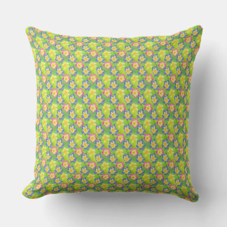 Pink, Blue, Yellow on Green Primroses Pattern Throw Pillow