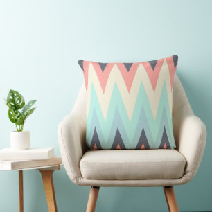 pink, blue, yellow, peach and yellow chevron Patte Throw Pillow