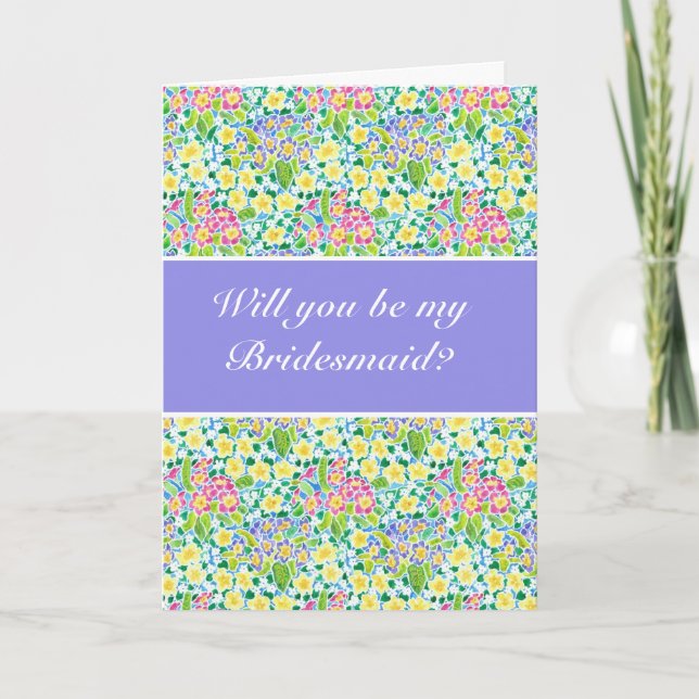 Pink, Blue, Yellow Primroses Bridesmaid Request Invitation (Front)