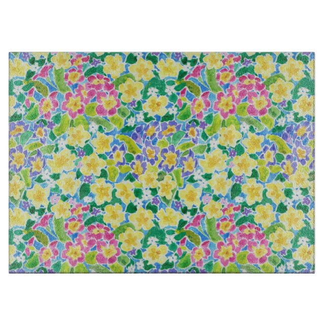 Pink, Blue, Yellow Primroses Glass Cutting Board (Front)