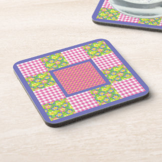Pink, Blue, Yellow Primroses, Polka Dots, Gingham Drink Coaster