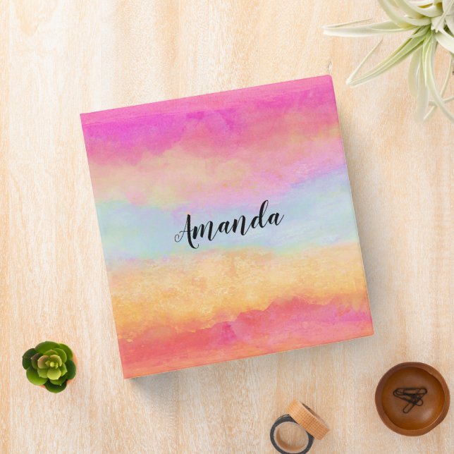 Pink Blue Yellow Rainbow Abstract Stripes 3 Ring Binder (In Situ)