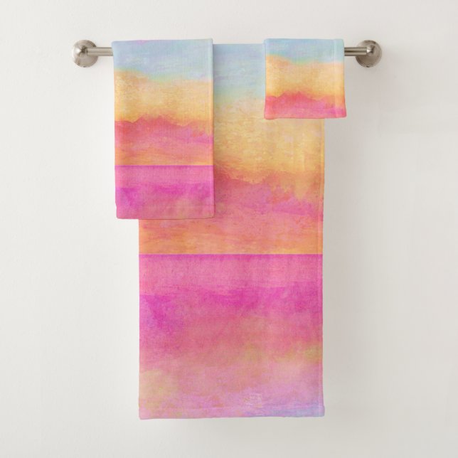 Pink Blue Yellow Rainbow Abstract Stripes Bath Towel Set (Insitu)