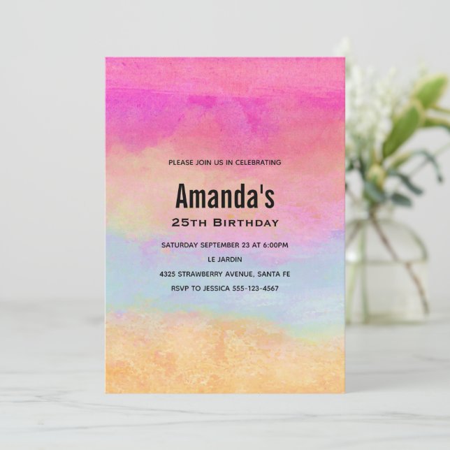Pink Blue Yellow Rainbow Abstract Stripes Birthday Invitation (Standing Front)
