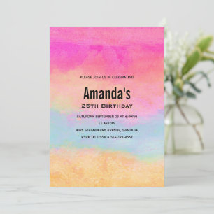 Pink Blue Yellow Rainbow Abstract Stripes Birthday Invitation