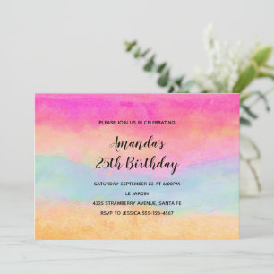 Pink Blue Yellow Rainbow Abstract Stripes Birthday Invitation