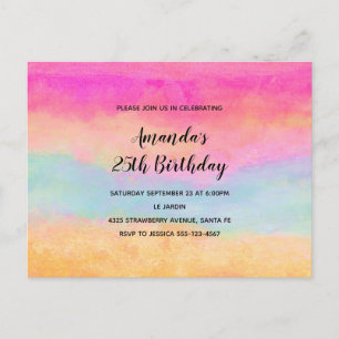 Pink Blue Yellow Rainbow Abstract Stripes Birthday Invitation Postcard