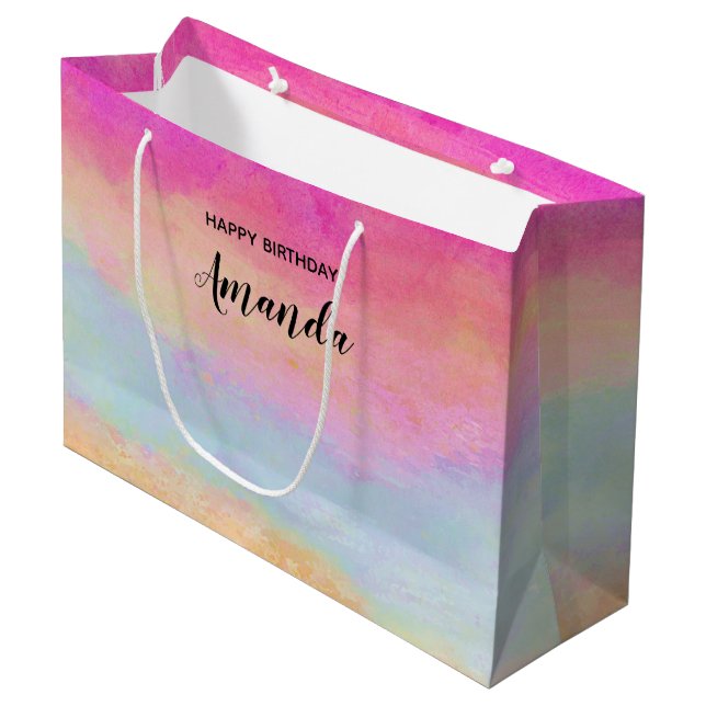 Pink Blue Yellow Rainbow Abstract Stripes Birthday Large Gift Bag (Front Angled)
