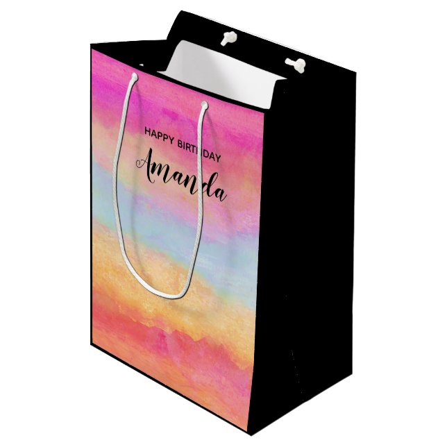 Pink Blue Yellow Rainbow Abstract Stripes Birthday Medium Gift Bag (Front Angled)