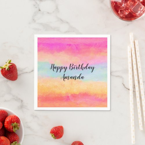 Pink Blue Yellow Rainbow Abstract Stripes Birthday Napkins