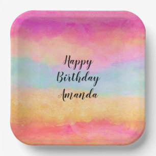 Pink Blue Yellow Rainbow Abstract Stripes Birthday Paper Plates