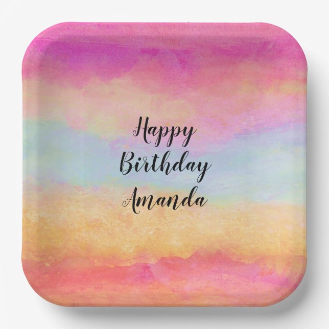 Pink Blue Yellow Rainbow Abstract Stripes Birthday Paper Plates (Front)