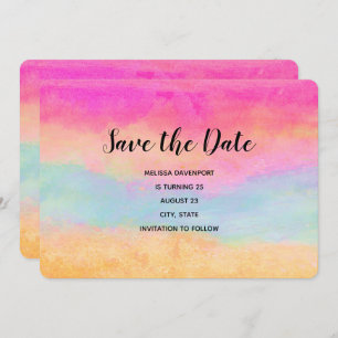 Pink Blue Yellow Rainbow Abstract Stripes Birthday Save The Date
