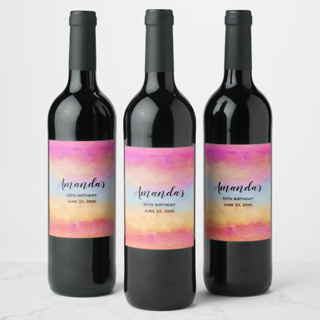 Pink Blue Yellow Rainbow Abstract Stripes Birthday Wine Label (Bottles)