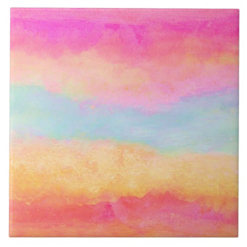 Pink Blue Yellow Rainbow Abstract Stripes Ceramic Tile