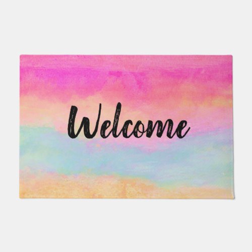 Pink Blue Yellow Rainbow Abstract Stripes Doormat