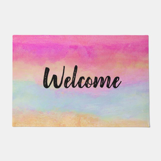 Pink Blue Yellow Rainbow Abstract Stripes Doormat (Front)