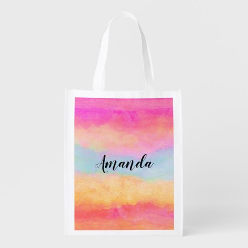 Pink Blue Yellow Rainbow Abstract Stripes Grocery Bag