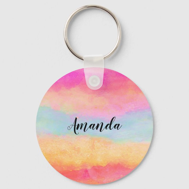 Pink Blue Yellow Rainbow Abstract Stripes Keychain (Front)