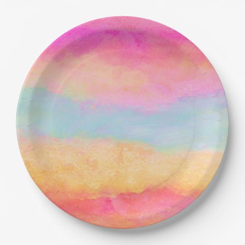 Pink Blue Yellow Rainbow Abstract Stripes Paper Plates