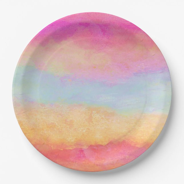 Pink Blue Yellow Rainbow Abstract Stripes Paper Plates (Front)