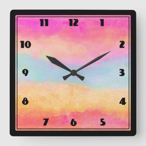 Pink Blue Yellow Rainbow Abstract Stripes Square Wall Clock