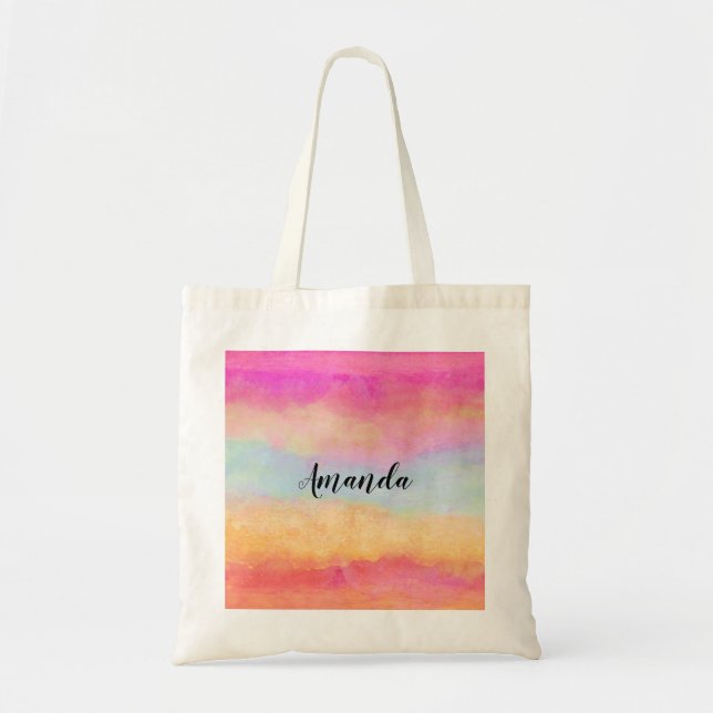 Pink Blue Yellow Rainbow Abstract Stripes Tote Bag (Front)