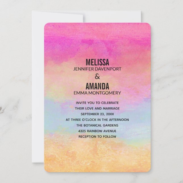 Pink Blue Yellow Rainbow Abstract Stripes Wedding Invitation (Front)