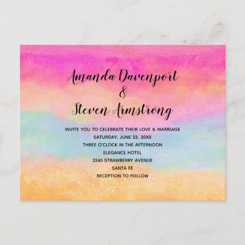 Pink Blue Yellow Rainbow Abstract Stripes Wedding Invitation Postcard