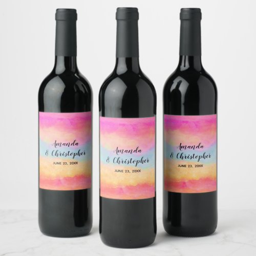 Pink Blue Yellow Rainbow Abstract Stripes Wedding Wine Label