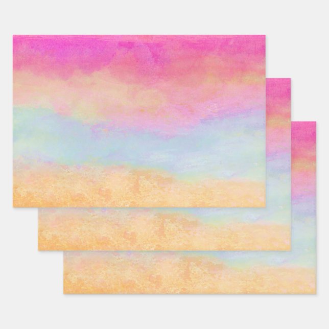 Pink Blue Yellow Rainbow Abstract Stripes Wrapping Paper Sheets (Set)