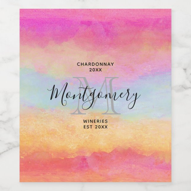 Pink Blue Yellow Rainbow Stripes Wine Making Wine Label (Single Label)