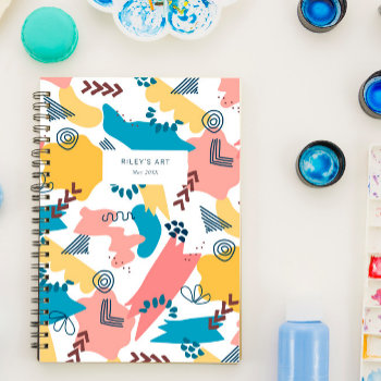 Pink Blue Yellow Shapes Pattern Notebook by birchandoak at Zazzle