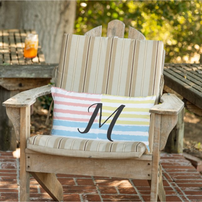 Pink Blue Yellow Stripes Monogram  Lumbar Pillow (Chair)