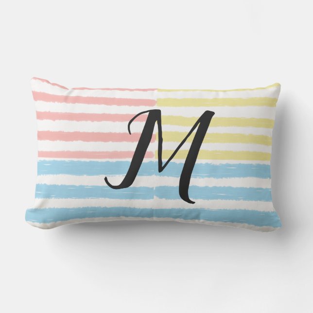 Pink Blue Yellow Stripes Monogram  Lumbar Pillow (Front)