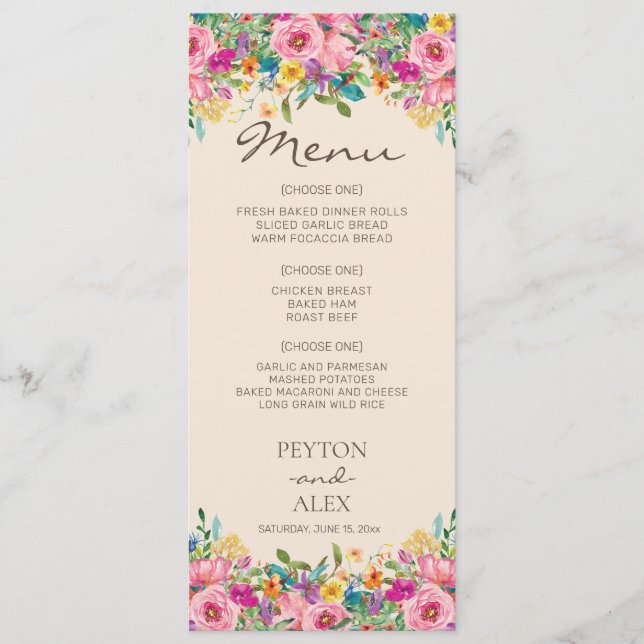 Pink Blue Yellow Watercolor Boho Wildflowers Menu (Front)