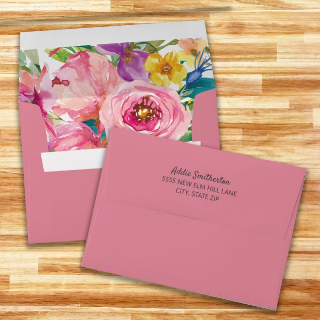 Pink Blue Yellow Watercolor Floral Envelope (Pink, yellow, and blue watercolor floral envelope personalized with your return address)