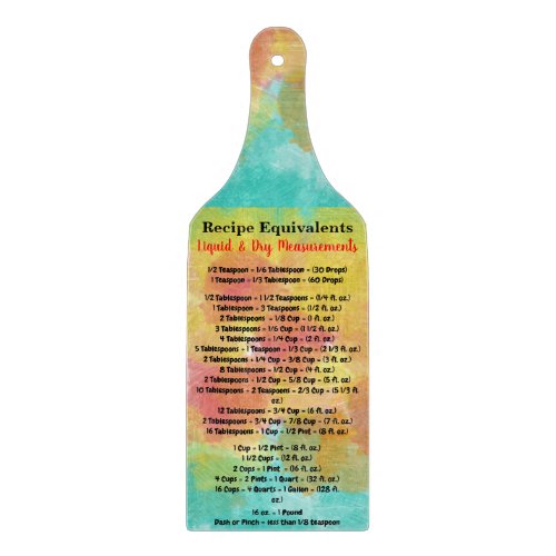 Pink Blue Yellow Watercolor Recipe Equivalents Cutting Board