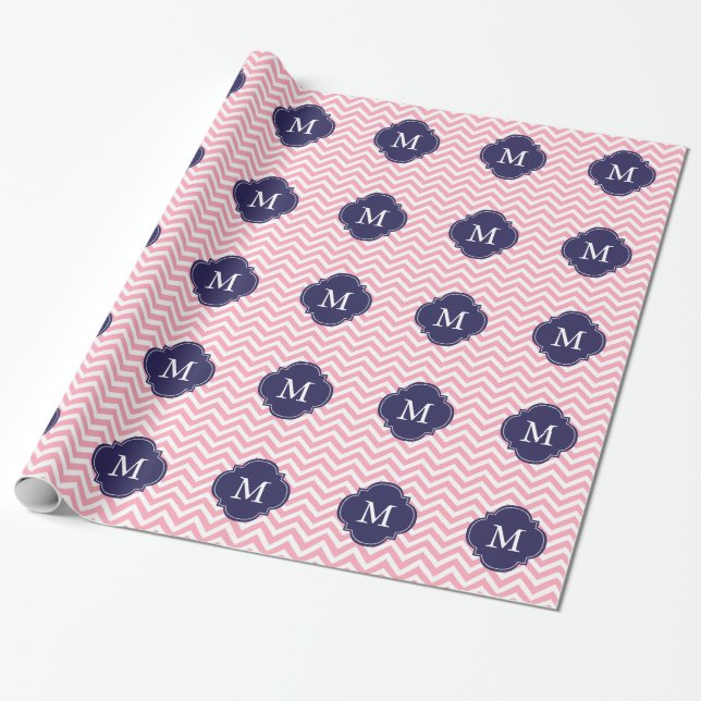 Pink & Blue Zigzags Pattern Monogram Wrapping Paper (Unrolled)