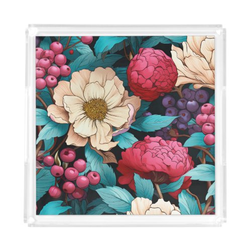 Pink Blueberries Cream Floral Pattern  Acrylic Tray