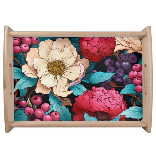 Pink Blueberries Cream Floral Pattern  Serving Tray