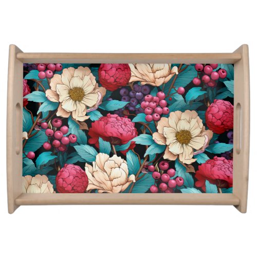Pink Blueberries Cream Floral Pattern Serving Tray