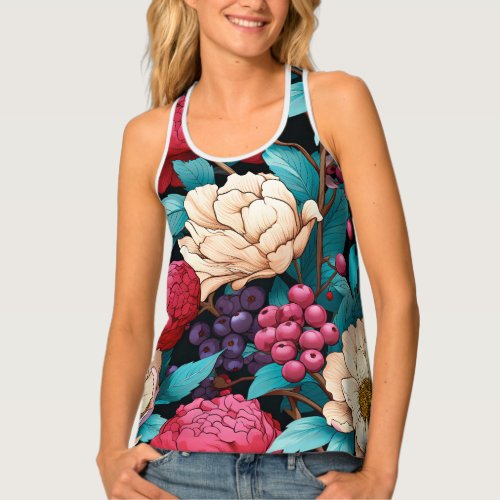 Pink Blueberries Floral Pattern Womens Tank Top