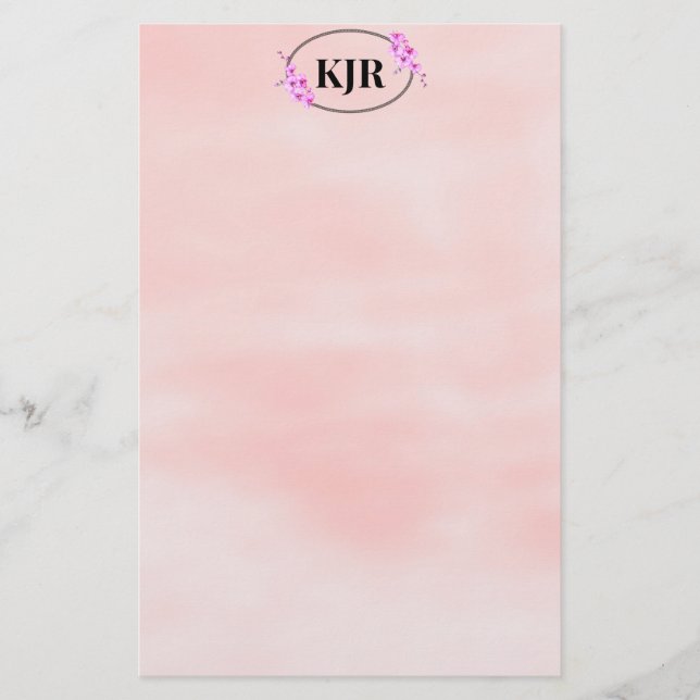 Pink Blur Background & Floral Frame Personalized Stationery (Front)