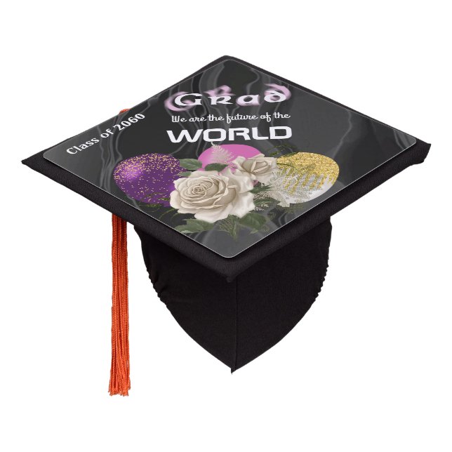 Pink Blurred Text White English Roses & Balloons Graduation Cap Topper (Angled)