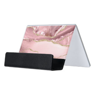 Pink Blush Agate Desk Business Card Holder