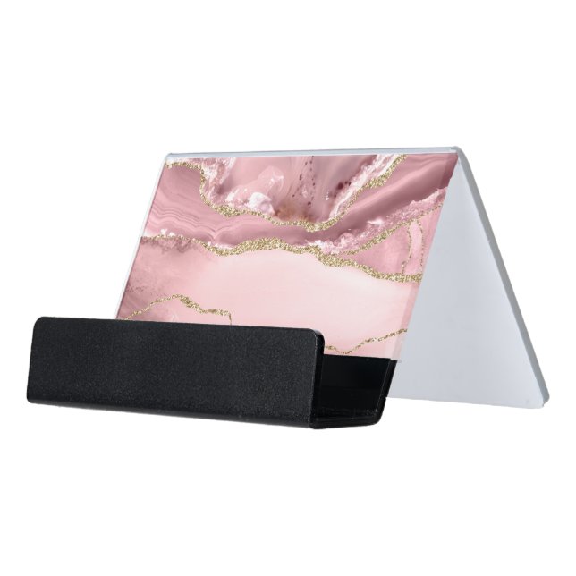 Pink Blush Agate Desk Business Card Holder (Angled Front)