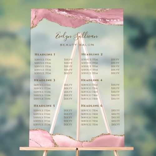 Pink Blush Agate Price List Acrylic Sign